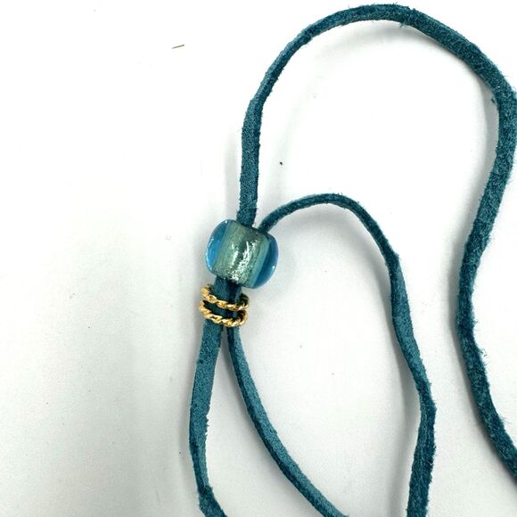 Murano Glass Necklace Pendant Black Teal Blue Green Aqua Art Deco 2" Leather - Picture 5 of 12